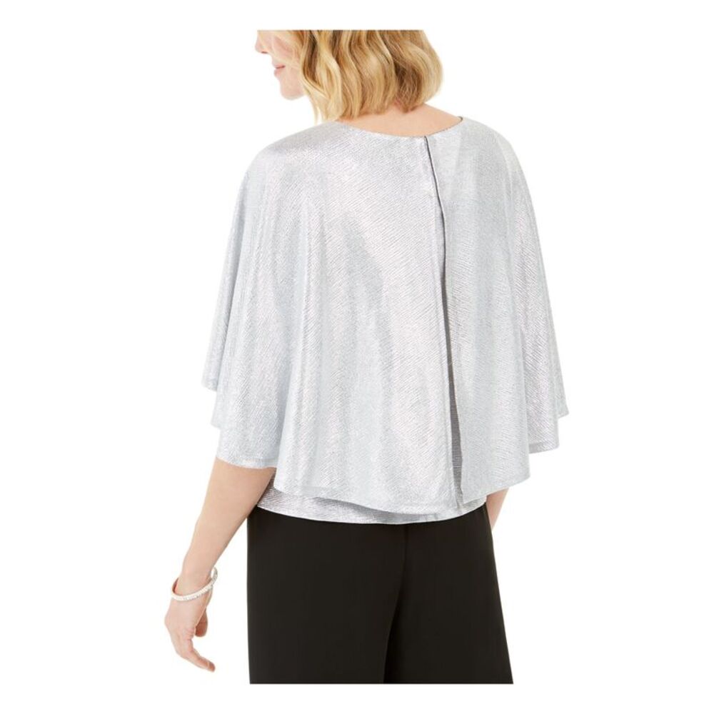 ADRIANNA PAPELL Womens Silver Capelet Sleeveless Crew Neck Party Peplum Top 8 - Picture 2 of 2